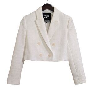 Zara White Bouclé Double Breasted Cropped Tweed Blazer Jacket Size S